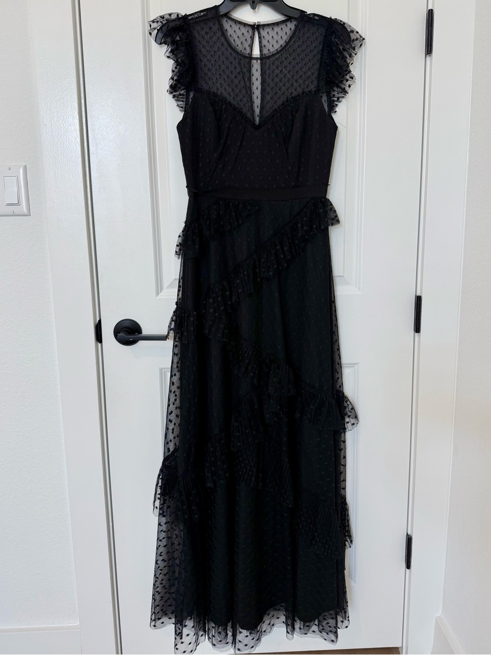 BCBG Evening Black Ruffled Mesh Maxi Dress